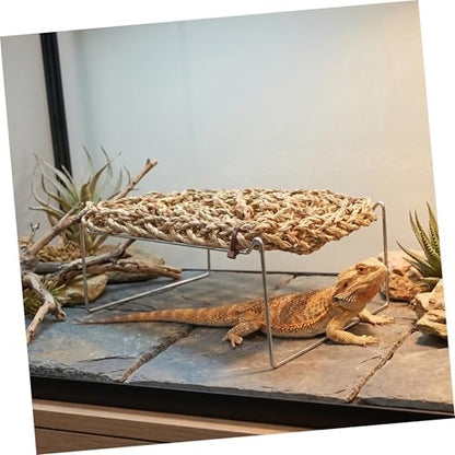 SHOWERORO Bearded Dragon Bed and Basking Platform with Sea Grass Hammock, Rectangle Reptile Sleeping Lounger, Lizard Tank Accessories for Small Animals and Amphibians