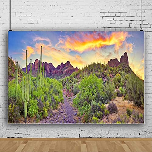 AOFOTO 6x3ft Western Desert Backdrop Arizona National Park Rock Mountain Green Plants Saguaro Cactus Landscape Terrarium Background Reptile Habitat Tank Decor Cowboy Pet Portrait Photo Shoot Props - size: 6x3ft