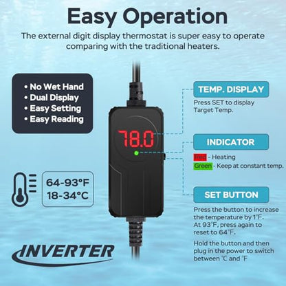 AquaMiracle Aquarium Heater, 200W Submersible Fish Tank Heater with LED Digital Display, Overheat Protection & Auto Power-Off When Out of Water, for Freshwater and Saltwater Fish Tanks (20-40 Gal)