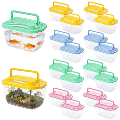 16 Pack Plastic Fish Tank, Small Reptile Terrariums Carrier Cage | Fish Bowls with Handle and Lids, Tarantula Enclosure Snake Breeding Case, Mini Fish Box for Pets Candy Party Decoration