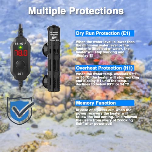Aquarium Heater 25W, Submersible Fish Tank Heater with LED Digital Display, Auto Power-Off When Leaving Water & High Temp Protection, for Fresh and Salt Water Tanks 3-5 Gal - size: For Tanks 3-5 Gal