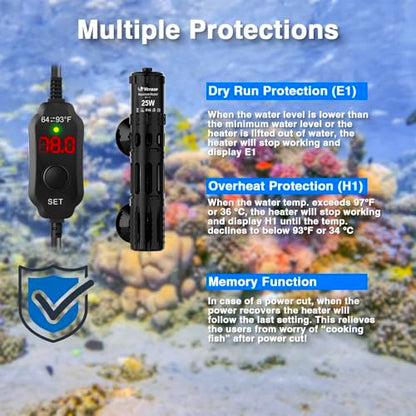 Aquarium Heater 25W, Submersible Fish Tank Heater with LED Digital Display, Auto Power-Off When Leaving Water & High Temp Protection, for Fresh and Salt Water Tanks 3-5 Gal - size: For Tanks 3-5 Gal