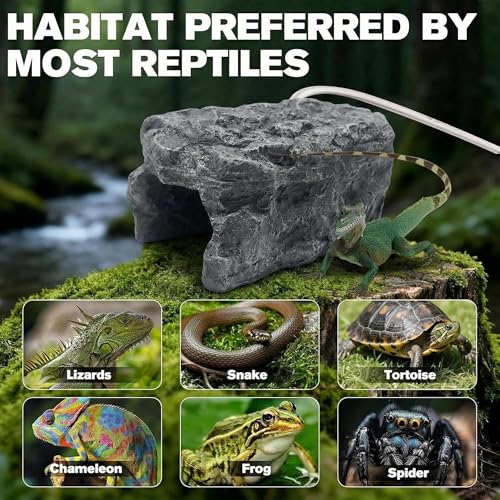 Heated Reptile Hide Cave - Rock Hideout with Adjustable Temperature, Thermostat Heating Rock for Bearded Dragons, Ball Pythons, Leopard Geckos & Small Animals - Snake Hide & Reptile Decor (Rock cave)