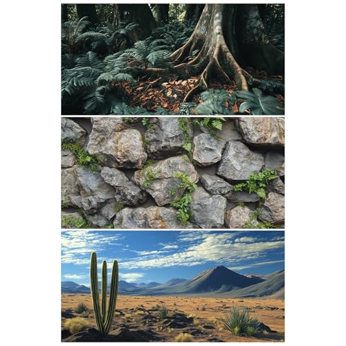 COMSUN 3 Pack Terrarium Background, 36x18 inches Polyester Reptile Background, Cloth Terrarium Background, Tropical Green Tree Fern & Gobi Desert Sunshine Cactus Rock Terrarium Background - size: 36x18 Inch