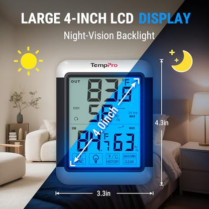 TempPro TP65 Indoor Outdoor Thermometer Digital Wireless Hygrometer Temperature Humidity Monitor with Jumbo Touchscreen and Backlight Humidity Gauge,LCD (Previously ThermoPro) - size: In-Outdoor