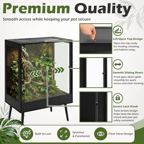 PROLEE 32" x 18" x 36" Tall Reptile Terrarium with Leg Stand, 90 Gallon Vertical Glass Chameleon Cage with Front Opening Doors, Ventilated Mesh Top, Rainforest Habitat for Arboreal Reptiles, Black