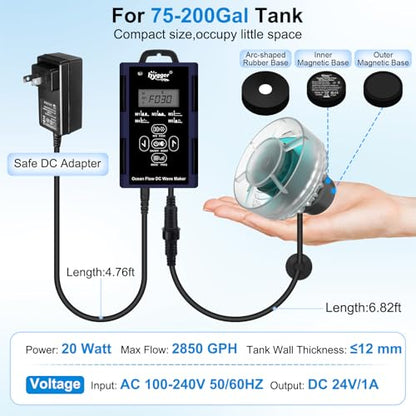 hygger Wave Maker For Aquarium, Ultra-quiet Transparent Wavemaker With Controller, Adjustable Flow Magnetic DC 24V 2850GPH Powerhead, Circulation Pump For 75-200Gallon Freshwater Coral Reef Tank - size: 20W
