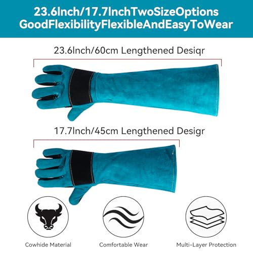 Animal Handling Gloves – Bite-Proof, Multi-purpose, Pet Leather Gloves with Padding - color: Blue, size: 23.6