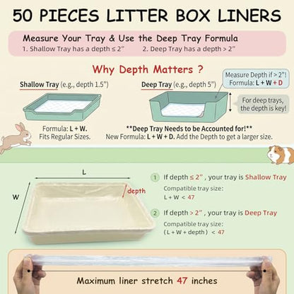 50 Pcs Disposable Small Animal Cage Liners - Clear Plastic Rabbit & Bird Cage Liners, Leakproof Guinea Pig Pet Tray Film with Hangable Cleaning Brush (47''-50P) - size: L+W<47''
