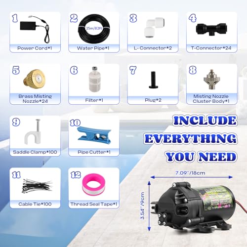 Moongiantgo Outdoor Misting Cooling System with Pump Kit-82ft Misting System pipe+24 Brass Mist Nozzles 0.02’’+Cluster Body+3/4’’ Adapter-Mister for Outside Patio Backyard Garden Greenhouse Trampoline