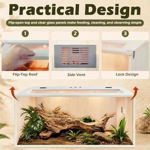 PROLEE Bearded Dragon Tank,Wooden Reptile Tank and Lizard Tank,Tempered Glass Large Bearded Dragon Enclosure with Built-in Lamp Fixture (40X20X20inch,65 Gallons) - color: Wooden Roof, size: 40X20X20inch,65 Gallons