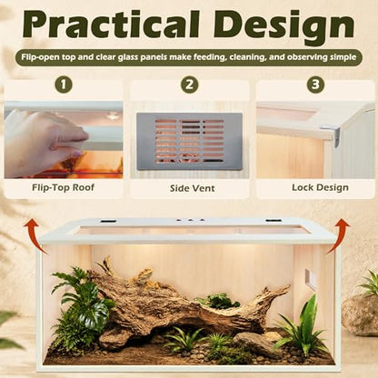 PROLEE Bearded Dragon Tank,Wooden Reptile Tank and Lizard Tank,Tempered Glass Large Bearded Dragon Enclosure with Built-in Lamp Fixture (40X20X20inch,65 Gallons) - color: Wooden Roof, size: 40X20X20inch,65 Gallons