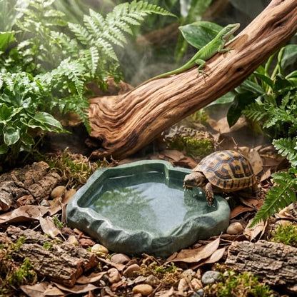 Reptile Bowl, Resin Rock Reptile Food and Water Feeder Pet Aquarium Ornament Terrarium Dish Plate for Tortoise Lizard Iguana(Dark Green S) - color: Dark green S