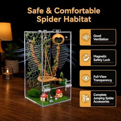 Jumping Spider Enclosure Kit, Pre-Assembled Acrylic Spider Terrarium with Magnetic Door, 19PCS Accessories, Starter Habitat for Jumping Spiders 4.8 x 4.8 x 9.25 Inches