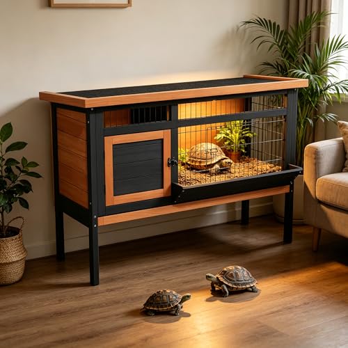 Tortoise Habitat Reptile Enclosure, Wooden Tortoise Enclosure with Open Waterproof Roof, Leakproof Tray & Elevated Legs, Indoor-Outdoor Small Animal Cage for Turtles, Lizards & More