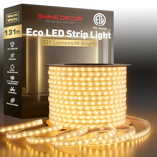 Shine Decor LED Strip Light Easy Connectable, 2800K Warm White Cold Resist Weatherproof Plug-in for Indoor Outdoor, 101 LM/FT Dimmable Bright Eco Rope Lighting 131FT, 120V Whole Set ETL Listed - color: Warm White, size: 131.2 Ft