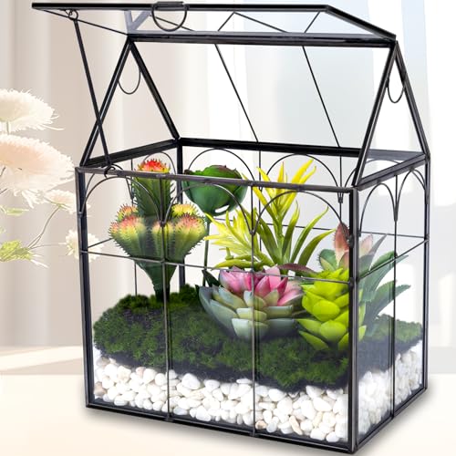 Glass Geometric Plant Terrarium - House Shaped Terrarium Kit with Lid for Succulent Ferns Moss Snails Air Planter, Glass Greenhouse Indoor for Home Garden Office Decor DIY, Tabletop Terrarium Only