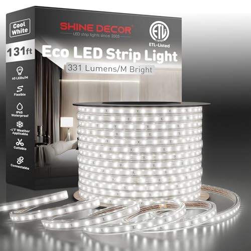Shine Decor LED Strip Light Easy Connectable, 6000K Cool White Cold Resist Weatherproof Plug-in for Indoor Outdoor, 101 LM/FT Dimmable Bright Eco Rope Lighting 131FT, 120V Whole Set ETL Listed - color: Cool White, size: 131.2 Ft