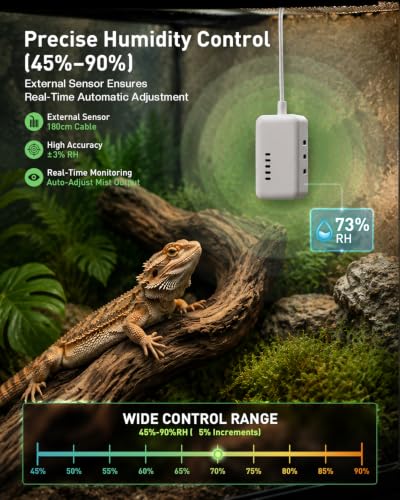 1.32 Gal / 5L Reptile Fogger Humidifier, with Remote & Timer, with Precise Humidity Control, Terrarium Humidifier Suitable for indoor Plants, Grow Tent, Greenhouse, Reptiles & Amphibians (Dual Hose)