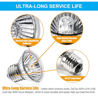 DaToo Reptile Heat Lamp Turtle Heating Light 4PCS 50W UVA UVB Heat Bulb Simulated Sunlight Basking Spot Lamp for Reptiles Lizard Amphibian Bearded Dragon Snake