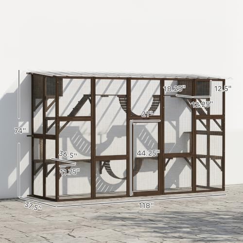 PawHut Catio Outdoor Cat Enclosure Window, Outdoor Cat House with Weather Protection Roof for 1-4 Kitties, Wooden Frame, Shelves & Bridges, 118" x 37.5" x 74", Coffee Brown - color: Coffee Brown