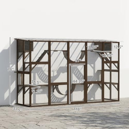 PawHut Catio Outdoor Cat Enclosure Window, Outdoor Cat House with Weather Protection Roof for 1-4 Kitties, Wooden Frame, Shelves & Bridges, 118" x 37.5" x 74", Coffee Brown - color: Coffee Brown