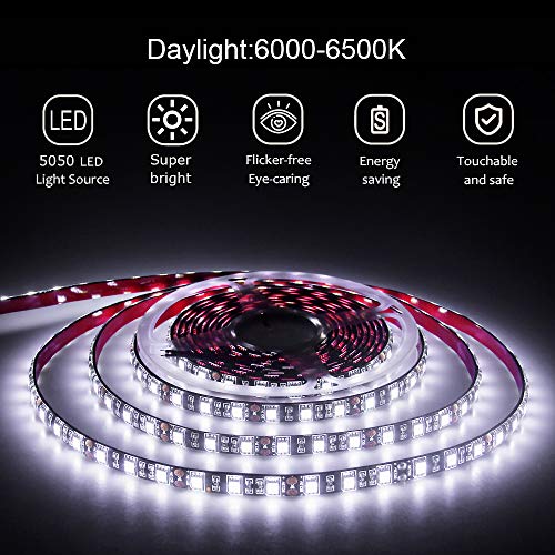 ALITOVE 16.4ft 5050 SMD Black PCB 12V White LED Strip Light Flexible Rope Lights 5M 300 LEDs LED Tape Light Waterproof IP65 DC for Home Garden Commercial Area Lighting(Without Power Supply)