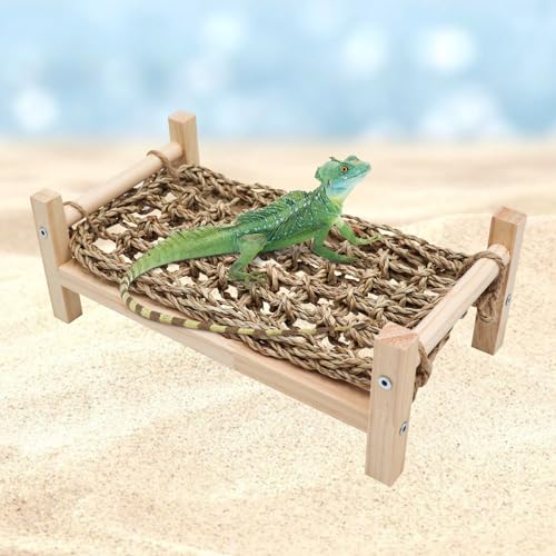 Dnoifne Bearded Dragon Bed - Natural Wood and Seagrass Hammock, Reptile Tank Basking Platform Accessories for Leopard Gecko, Lizard, Frog - color: Bed, size: Large