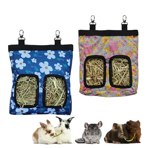 Guinea Pig Hay Feeder, Hanging Rabbit Hay Feeder Bag for Guinea Pigs Bunnies Chinchillas. Little Flower + Blue Flower，2 Count - color: Little+Blueflower