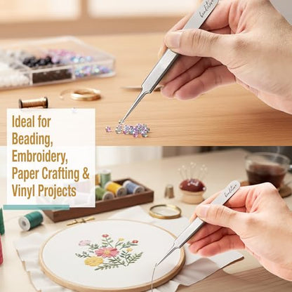 Beaditive High Precision Needle Nose Tweezers - 4.7" Craft Tweezers for Sewing, Beading, Quilling & DIY Crafts - Non-Serrated Jewelry Tweezers with Fine Tips - Stainless Steel