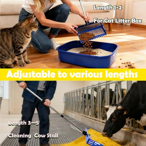 Chicken Poop Scooper & Rake 2-in-1, 15" Extra Large Stainless Steel Litter Scoop, 21"-76" Adjustable Handle, Chicken Coop Cleaner for Sand, Pet Waste & Litter Sifting - color: blue
