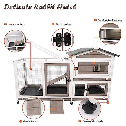 Gowoodhut Rabbit Hutch Indoor Outdoor 2 Story Bunny Cage with 3 No Leak Trays,55.31" L Guinea Pig Cages Rabbit Cage with 6 Wheels for Guinea Pig,Rabbit for Rabbit Lover|Pet Lover(White/Grey) - size: 55.3"L x 21.7"W x 34.7"H