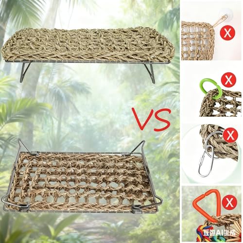 Large Bearded Dragon Tank Accessories13 x7.4"x3" + Humidity Meter Set Rectangle Lizard Bed with Metal Legs Grass Weaving Hammock for Turtle Snake Hermit Crab Frog (Straw Weaving, Rectangle)