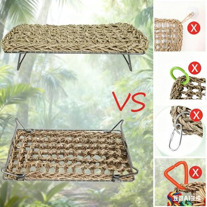 Large Bearded Dragon Tank Accessories13 x7.4"x3" + Humidity Meter Set Rectangle Lizard Bed with Metal Legs Grass Weaving Hammock for Turtle Snake Hermit Crab Frog (Straw Weaving, Rectangle)