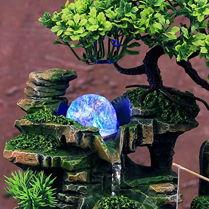 Indoor Tabletop Fountains ， Rockery, Water,Fisherman, Plants, Desktop Fountain, atomizing humidifier Fountain, Home Office Desktop Decorations, Automatic Pump with Power Switch