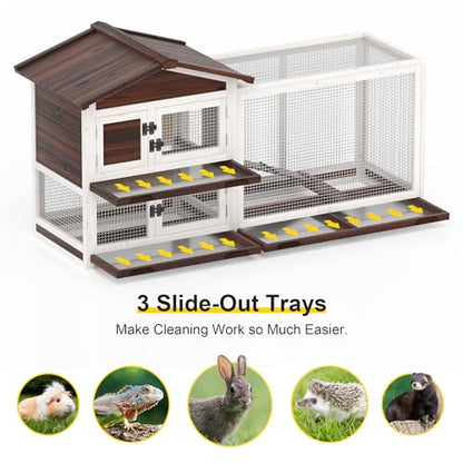 Rabbit Hutch Indoor Bunny Cage Outdoor Bunny House Wooden 60" Large Guinea Pig Cages with 3 Pull Out Trays & 4 Access Doors