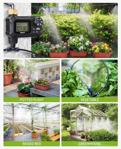 HIRALIY 59FT Drip Irrigation Kit with Water Timer, Quick-Connect Garden Watering System with 15 Adjustable Misting Nozzles, 1/4 in Tubing for Greenhouse, Hanging Plants & Raised Beds - size: 59 feet