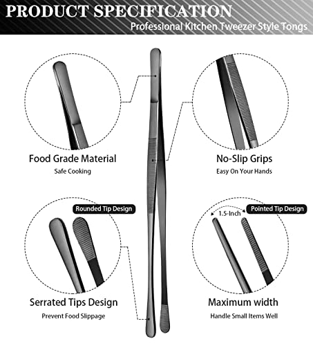 JETKONG 4 Pcs Kitchen Tweezers Professional Stainless Steel Cooking Tweezers Set, Black Kitchen Food Tweezer Tongs for Cooking, Repairing, and BBQ (10+12-Inch, Black) - color: Black, size: 10+12inch-4PCS