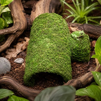 Mossy Reptile Hide for Terrariums, T-Shaped Cave with Dual Openings for Leopard Geckos, Small Lizards, Frogs, Hermit Crabs and Small Snakes, 7.1 in