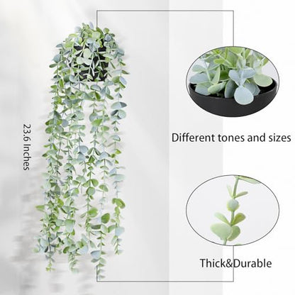 Fake Hanging Plants Eucalyptus Potted Artificial Plant Small Faux Ivy Vines Decor for Floating Shelf Kitchen Bathroom Cabinets Indoor Outdoor Pack of 2 23.6 Inches Long
