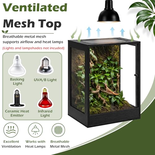 PROLEE 24" x 18" x 36" Tall Reptile Terrarium, 65 Gallon Glass Chameleon Cage, Vertical Crested Gecko Tank with Ventilated Mesh Top, Front Opening Rainforest Habitat, Black - color: Black, size: 24" L x 18" W x 36" H, 65 Gallon