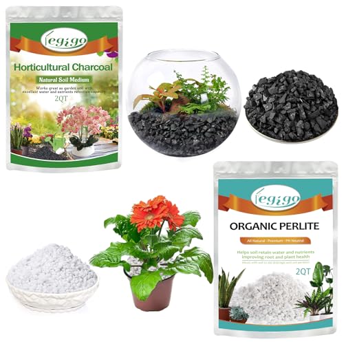 Legigo 2 QT Organic Horticultural Perlite & 2 QT Horticultural Charcoal, Natural Soil Amendment for Superior Drainage, Aeration, and Healthy Root Systems in Indoor Plants, Orchids, Terrariums & Pottin