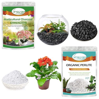 Legigo 2 QT Organic Horticultural Perlite & 2 QT Horticultural Charcoal, Natural Soil Amendment for Superior Drainage, Aeration, and Healthy Root Systems in Indoor Plants, Orchids, Terrariums & Pottin