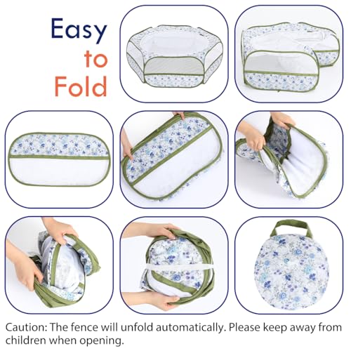 Pawaboo Small Animals Playpen, Waterproof Small Pet Cage Tent with Zippered Cover, Portable Outdoor Yard Fence with 3 Metal Rod for Chick/Kitten/Puppy/Guinea Pig/Rabbits/Hamster, Blue + White Flower - color: Blue + White Flower