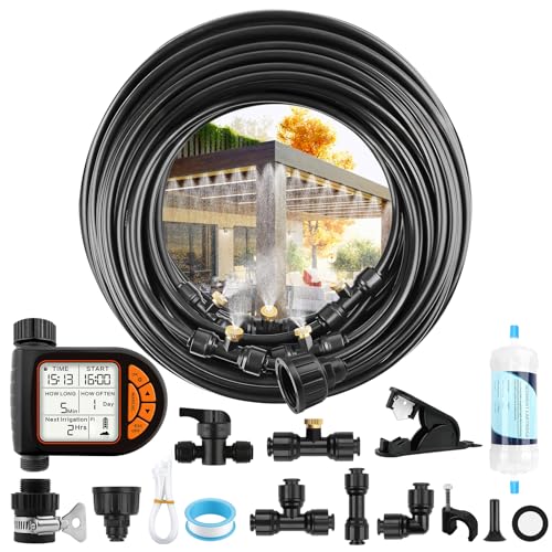 Kalolary 100Ft Misting Cooling System with Timer,Misters for Outside Patio with Water Filter,100FT Misting Line,30 Brass Mist Nozzles & 2 PE Adapters 3/4" Outdoor Mister for Backyard Garden Greenhouse - size: 100FT with Water Timer