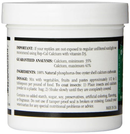 Rep-Cal 52298 Phosphorous-Free Calcium Powder Reptile/Amphibian Supplement Without Vitamin D3, 4.1 oz,white - size: 4.1 oz