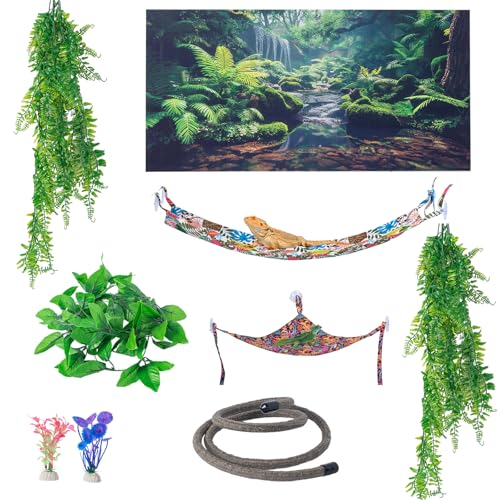 COMSUN 9 PCS Bearded Dragon Tank Accessories, Plastic Reptile Plants, Flexible Vine Jungle Climb with Leaves, Polyester Bearded Dragon Hammocks, Background Decoration for Gecko Chameleon Snake Lizard