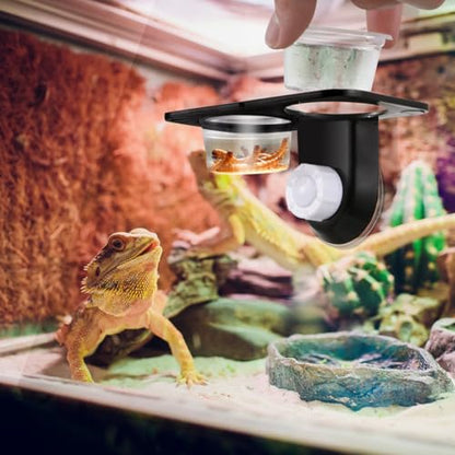DOITOOL 2pcs Reptile Food and Water Feeding Bowls with Suction Cups, Plastic Double-Compartment Food Basin for Lizards, Geckos, and Small Reptiles, Corner Feeder for Terrarium Use