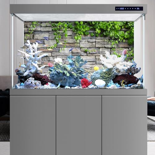 AWERT Vinyl 48x18 inches Stone Brick Wall Aquarium Background Rock Fish Tank Background Spring Leaves Terrarium Background - size: 48x18in/120x45cm