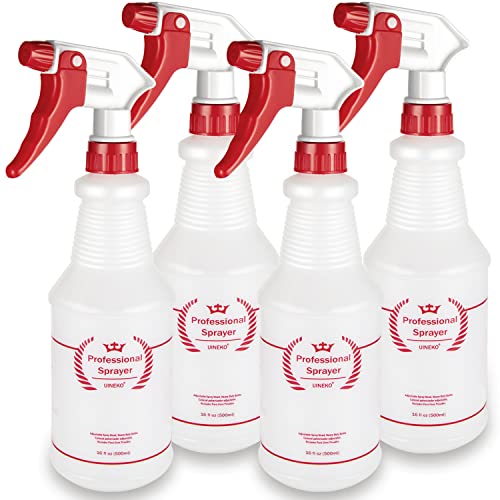 Uineko Plastic Spray Bottle (4 Pack, 16 Oz, All-Purpose) Heavy Duty Spraying Bottles Leak Proof Mist Empty Water Bottle for Cleaning Solution Planting Pet with Adjustable Nozzle and Measurements - size: 16 Oz, 4 Pack
